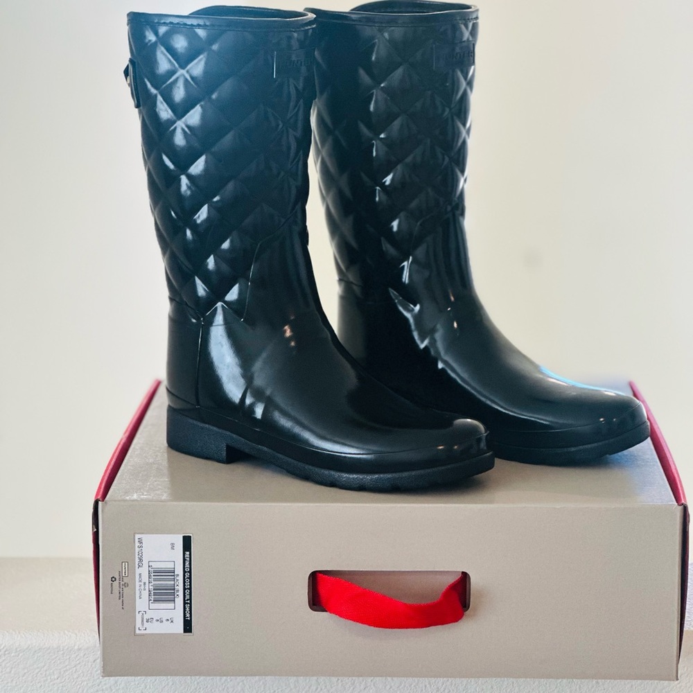 Hunter Refined Gloss Quilted Black Women's Boots